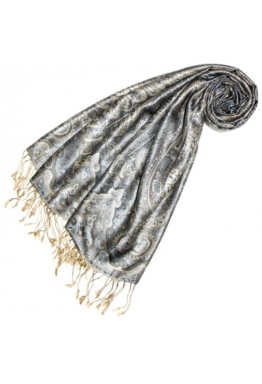 Mens Scarf 100% Silk Pashmina Paisely Gray Ecru LORENZO CANA