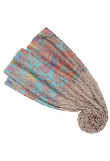 Cashmere scarf sand turquoise red elephant LORENZO CANA