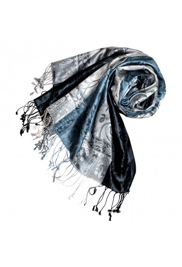 Women's Pashmina 100% Silk Paisley Blue Silver LORENZO CANA