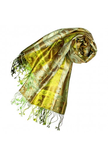 Women's Pashmina 100% Silk Paisley Green Bronze LORENZO CANA