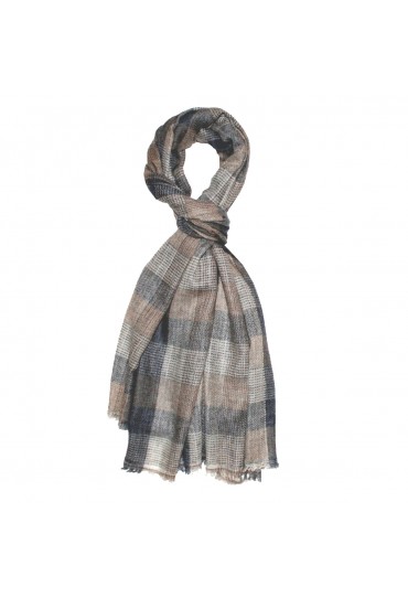 Shawl 100% Cashmere Checkered Brown Grey For Men LORENZO CANA