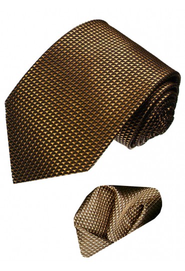 Neck Tie Set 100% Silk Checkered Brown Bronze LORENZO CANA
