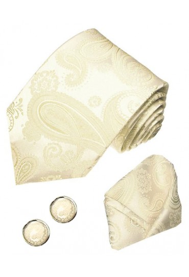 Men's Neck Tie Set 100% Silk Paisley Ivory LORENZO CANA