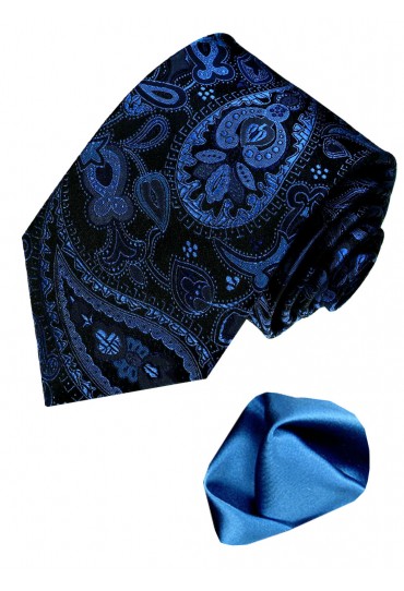 Neck Tie Set 100% Silk Paisley Dark Blue Black LORENZO CANA