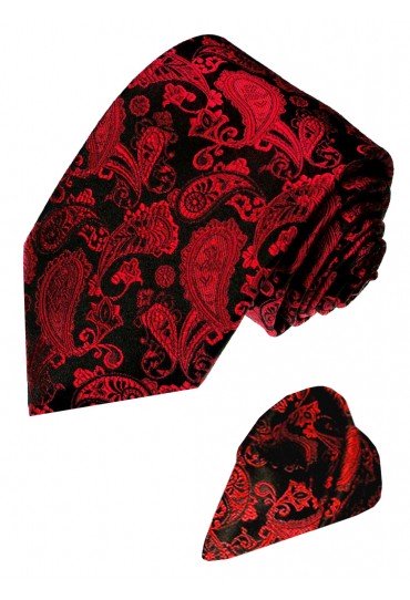 Neck Tie Set 100% Silk Paisley Dark Red Black LORENZO CANA