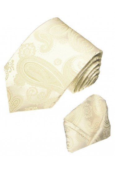 Neck Tie Set 100% Silk Paisley Ivory Beige LORENZO CANA