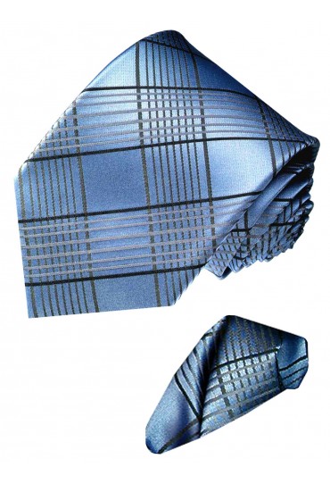 Necktie Set 100% Silk Checkered Silver Blue LORENZO CANA