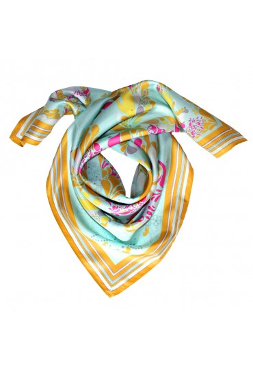 Scarf men 100% silk aqua mustard pink floral LORENZO CANA