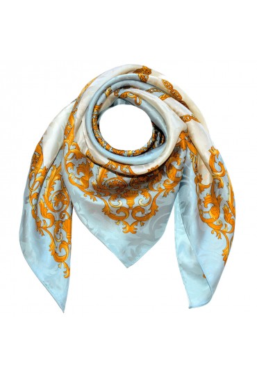Men's Shawl Light Blue White Gold Silk Floral LORENZO CANA
