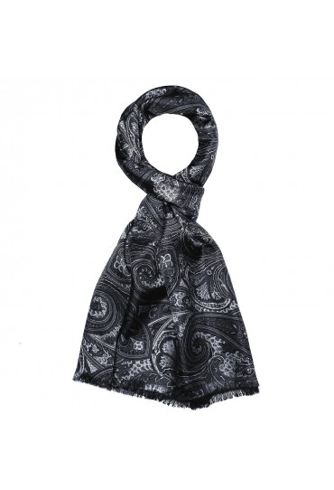 Silk Wool Scarf Paisley Black Grey Charcoal For Men LORENZO CANA