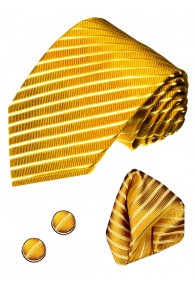 Men's Neck Tie Set 100% Silk Striped Gold LORENZO CANA
