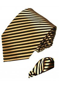 Neck Tie Set 100% Silk Striped Gold Black LORENZO CANA