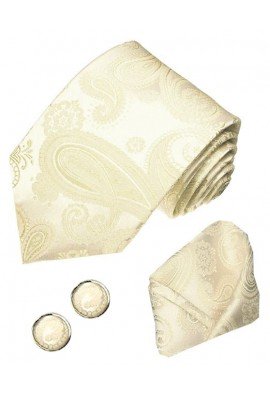 Men's Neck Tie Set 100% Silk Paisley Ivory LORENZO CANA