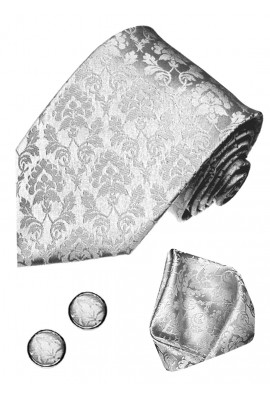 Krawattenset 100% Seide Floral silber silbergrau LORENZO CANA